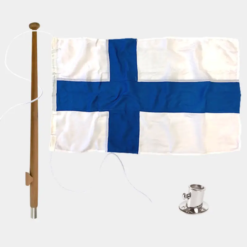 Achat Immédiat Ensemble de pavillon avec pavillon de bateau Adela Original, Finlande, polyester marin (170 g / m²), 90 cm x 55 cm + mât Ø25 mm, 90 cm en teck + support de mât en acier inoxydable