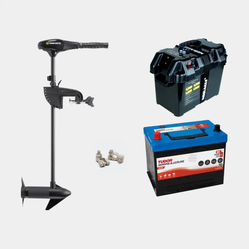 Pack moteur électrique Minn Kota Endura C2 34 36″, 12 V, 360 W, longueur d’arbre réglable 91 cm, avec batterie au plomb (80 Ah) + bac à batterie + cosses de câble Commande En Gros