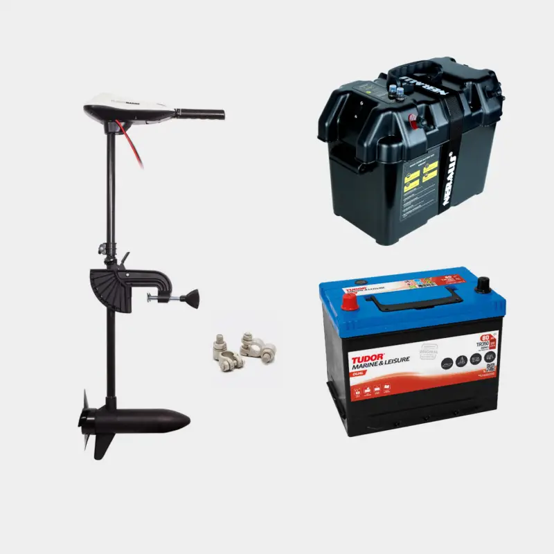 Kit moteur électrique Fladen F 56, 12 V, 500 W, longueur d’arbre réglable de 91 cm, avec batterie au plomb (80 Ah) + bac à batterie + cosses de câble Prix Cassé