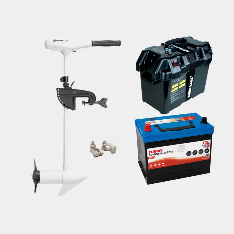 Meilleure Vente Pack moteur électrique Minn Kota Riptide Endura C2 45 36″, 12 V, 520 W, longueur d’arbre réglable 91 cm, avec batterie au plomb (80 Ah) + bac à batterie + cosses de câble