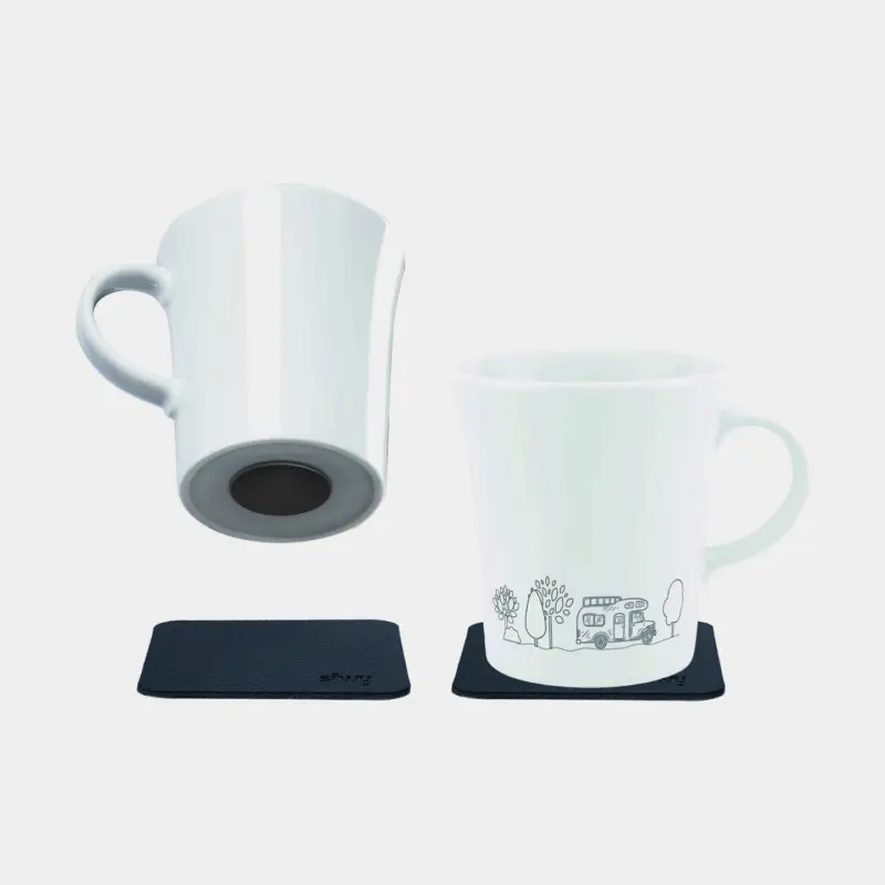 Achat Immédiat Tasses à café magnétiques en porcelaine Silwy Porcelain Magnet Handle Camping, blanc, 27 cl / 270 ml, 2-pack + sous-verres magnétiques