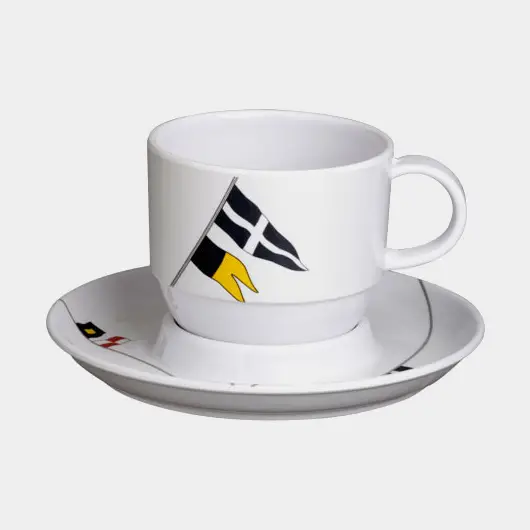 Tasses à café/thé en mélamine avec soucoupe Marine Business Regata, blanc/motif, 22 cl / 220 ml, 6-pack Offre Limitée