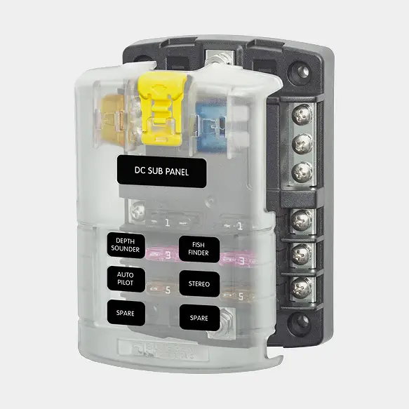 Porte-fusibles Blue Sea Systems ST Blade Fuse Block, pour 6 fusibles à lame plate, avec barrette de terre, M4 + M5, 32 V DC, 100 A Commander Maintenant