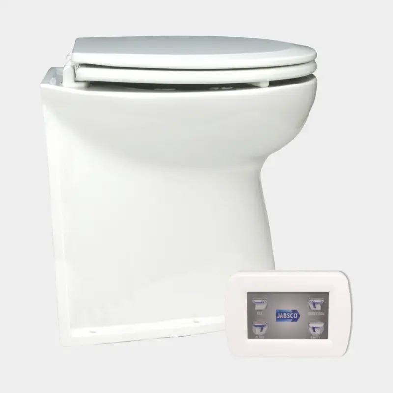 WC électrique pour bateau Jabsco Deluxe Flush 17″ SoftClose, dossier droit, 24 V, grande cuvette, pour remplissage en eau douce + électrovanne (solenoid) Populaire