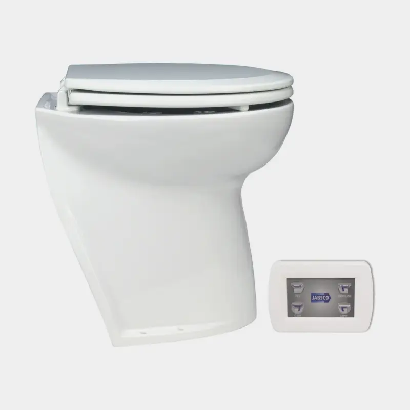 WC électrique pour bateau Jabsco Deluxe Flush 17″, dossier incliné, 12 V, grande cuvette, pour remplissage en eau douce + électrovanne (solenoid) Remise