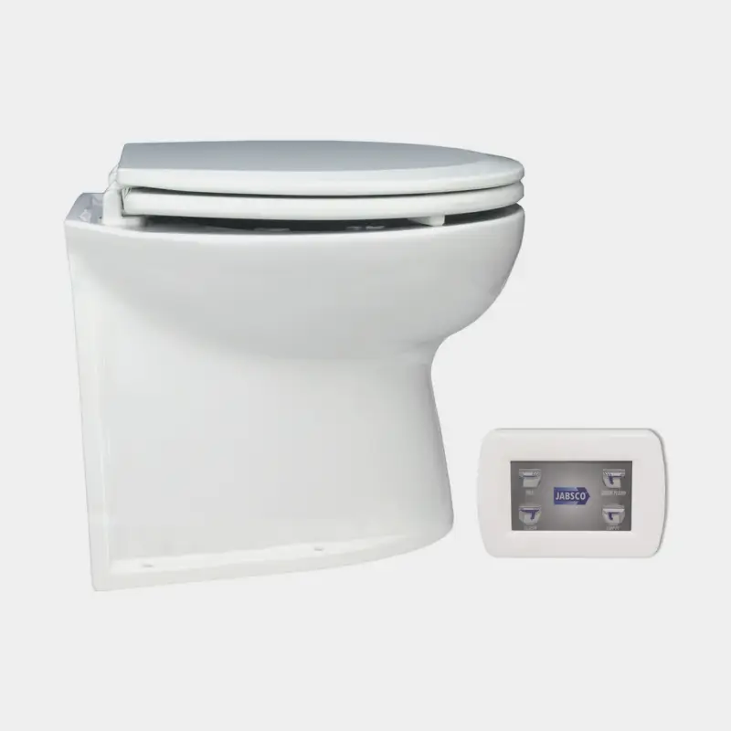 WC électrique pour bateau Jabsco Deluxe Flush 14″, dossier droit, 24 V, grande cuvette, extra bas, pour remplissage en eau de mer + pompe Acheter Direct