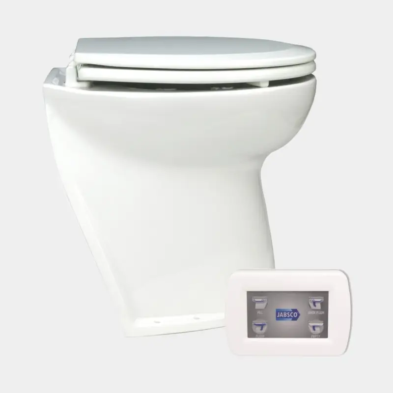 WC électrique pour bateau Jabsco Deluxe Flush 17″, dossier incliné, 12 V, grande cuvette, pour remplissage en eau douce + électrovanne (solenoid) Offre Spéciale