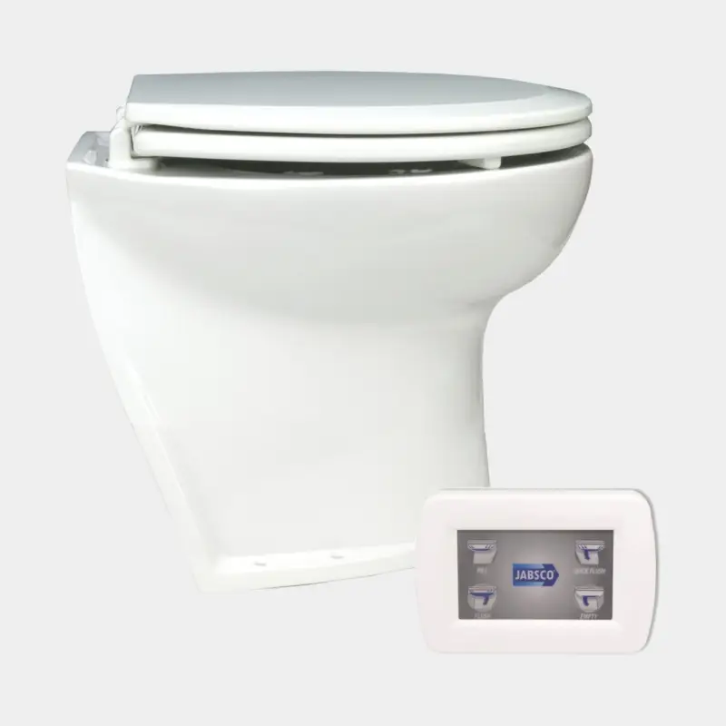 Authentique WC électrique pour bateau Jabsco Deluxe Flush 14″, dossier incliné, 12 V, grande cuvette, extra bas, pour remplissage en eau de mer + pompe