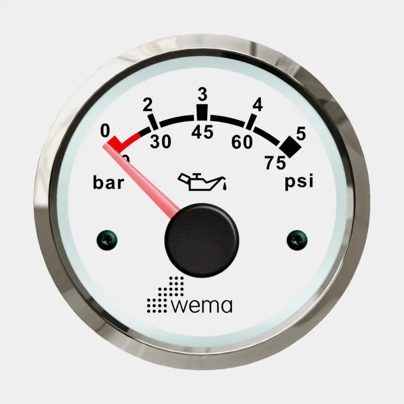 Manomètre de pression d’huile Wema Silverline, antibuée, Ø52 mm, 12 V / 24 V, 10 – 185 Ω, 0 – 5 bar, argent/blanc Usine Directe
