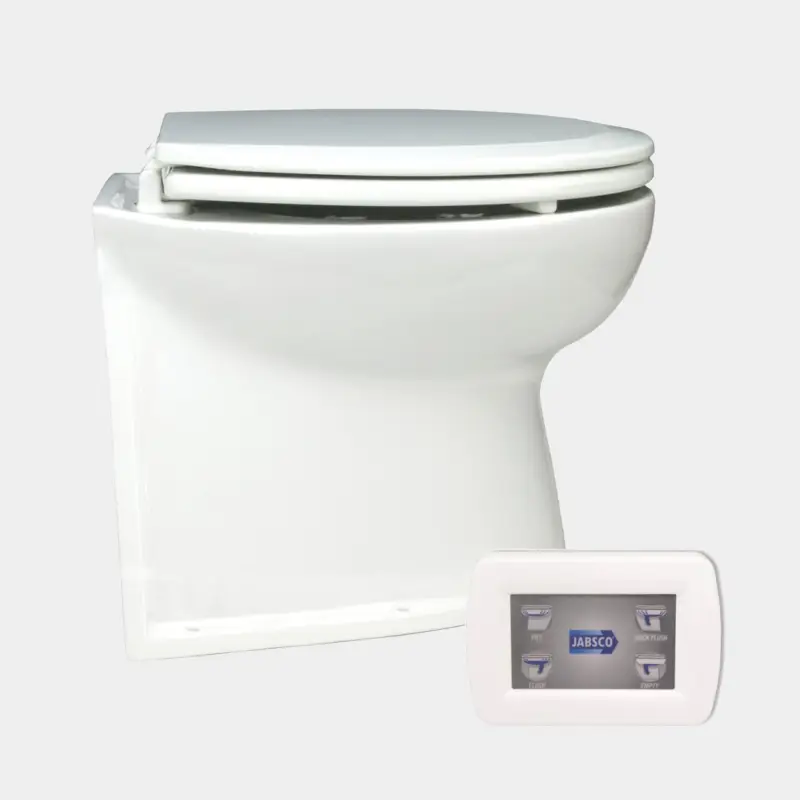 Vente Directe WC électrique pour bateau Jabsco Deluxe Flush 14″, dossier droit, 12 V, grande cuvette, extra basse, pour remplissage en eau douce + électrovanne (solenoid)